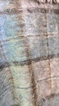 Vintage Andrew Stewart Mohair Wool Blue and Gray Fringe Plaid Cape Shawl
