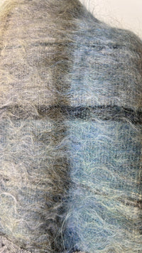 Vintage Andrew Stewart Mohair Wool Blue and Gray Fringe Plaid Cape Shawl