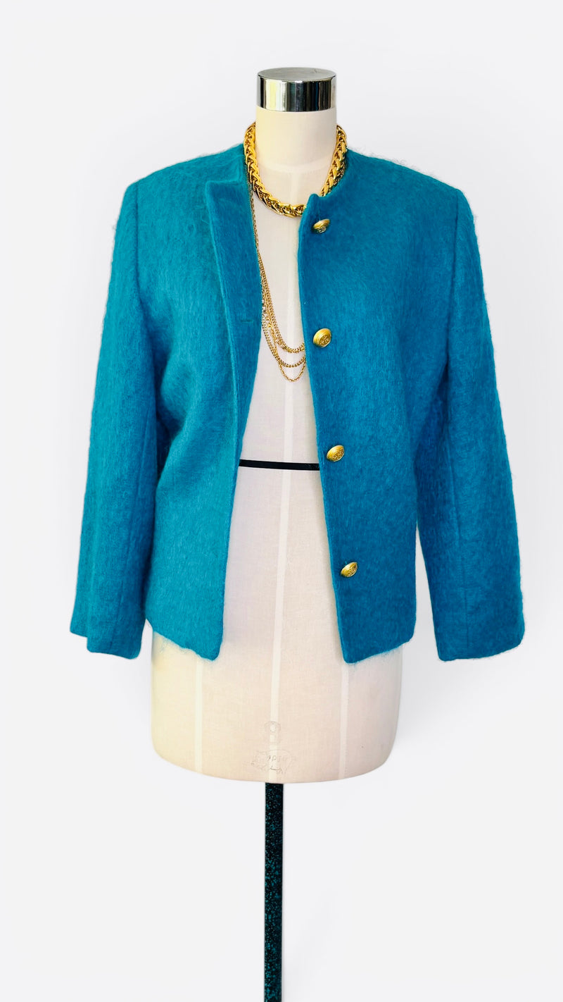 Vintage Teal Mohair Jacket w/ Matte Gold Fleur-de-Lis Buttons by Harris Wallace NY