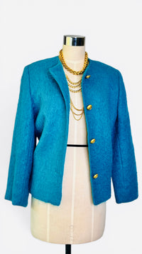 Vintage Teal Mohair Jacket w/ Matte Gold Fleur-de-Lis Buttons by Harris Wallace NY