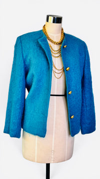 Vintage Teal Mohair Jacket w/ Matte Gold Fleur-de-Lis Buttons by Harris Wallace NY