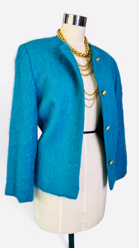 Vintage Teal Mohair Jacket w/ Matte Gold Fleur-de-Lis Buttons by Harris Wallace NY