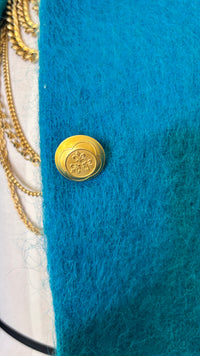 Vintage Teal Mohair Jacket w/ Matte Gold Fleur-de-Lis Buttons by Harris Wallace NY