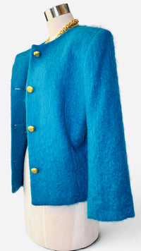 Vintage Teal Mohair Jacket w/ Matte Gold Fleur-de-Lis Buttons by Harris Wallace NY