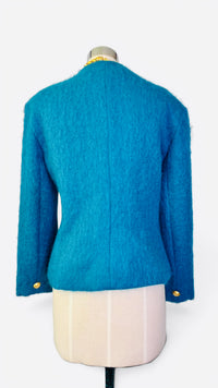 Vintage Teal Mohair Jacket w/ Matte Gold Fleur-de-Lis Buttons by Harris Wallace NY