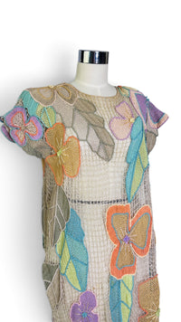 Pastel Floral Reverie I 1980s Lim’s Shanghai Hand-Crocheted Cotton Dress
