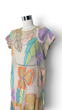 Pastel Floral Reverie I 1980s Lim’s Shanghai Hand-Crocheted Cotton Dress