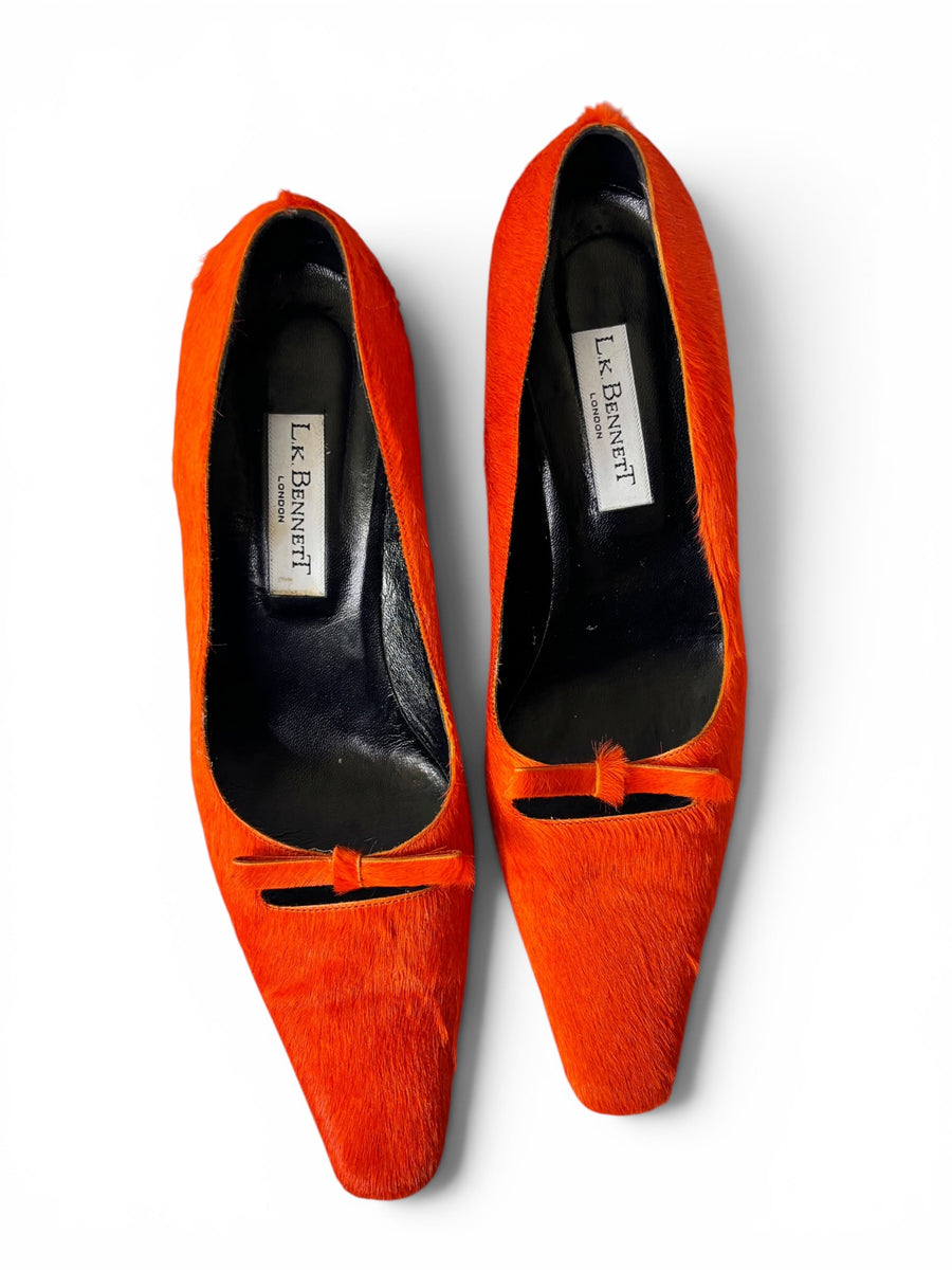 L.K. Bennett London Neon Orange Calf Hair Kitten Heels | Made in Italy | Size 39.5