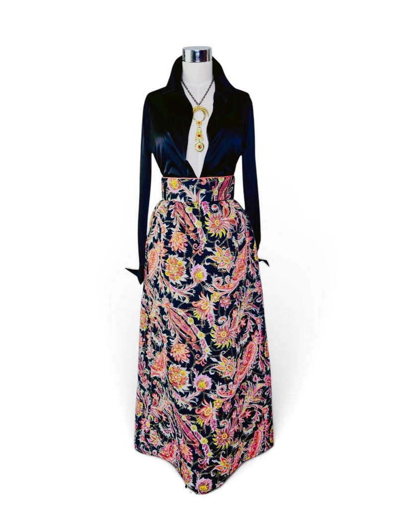 Gilded Paisley I 1970s Quilted Hostess Maxi Skirt