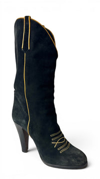 Smyth Bros Vintage 70's Black Italian Suede Heel Boots with Pipping