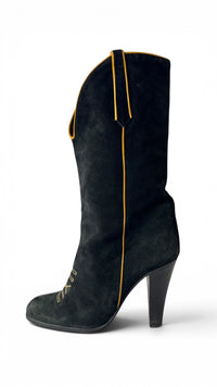Smyth Bros Vintage 70's Black Italian Suede Heel Boots with Pipping