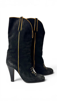 Smyth Bros Vintage 70's Black Italian Suede Heel Boots with Pipping