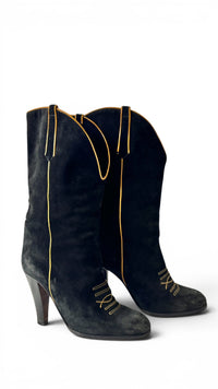 Smyth Bros Vintage 70's Black Italian Suede Heel Boots with Pipping