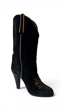 Smyth Bros Vintage 70's Black Italian Suede Heel Boots with Pipping