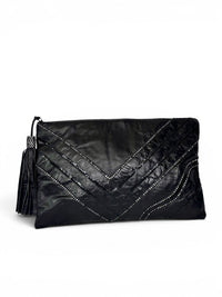 Vintage 1980s Bags by Jane Black Embossed Leather Rhinestone Clutch with Tassel