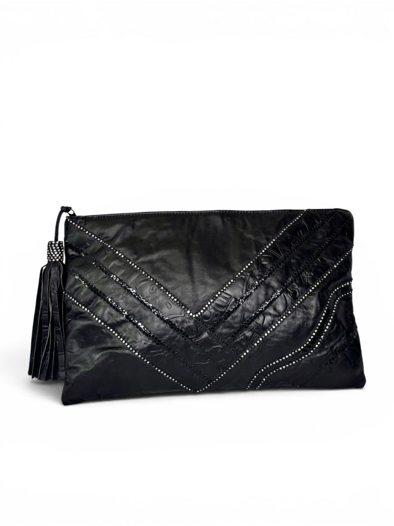 Vintage 1980s Bags by Jane Black Embossed Leather Rhinestone Clutch with Tassel