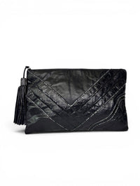 Vintage 1980s Bags by Jane Black Embossed Leather Rhinestone Clutch with Tassel