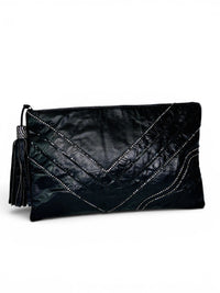 Vintage 1980s Bags by Jane Black Embossed Leather Rhinestone Clutch with Tassel
