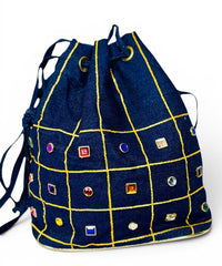Baikal Vintage 1980s Denim and Rhinestone Statement Drawstring Bucket Bag