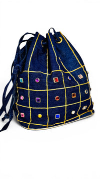 Baikal Vintage 1980s Denim and Rhinestone Statement Drawstring Bucket Bag