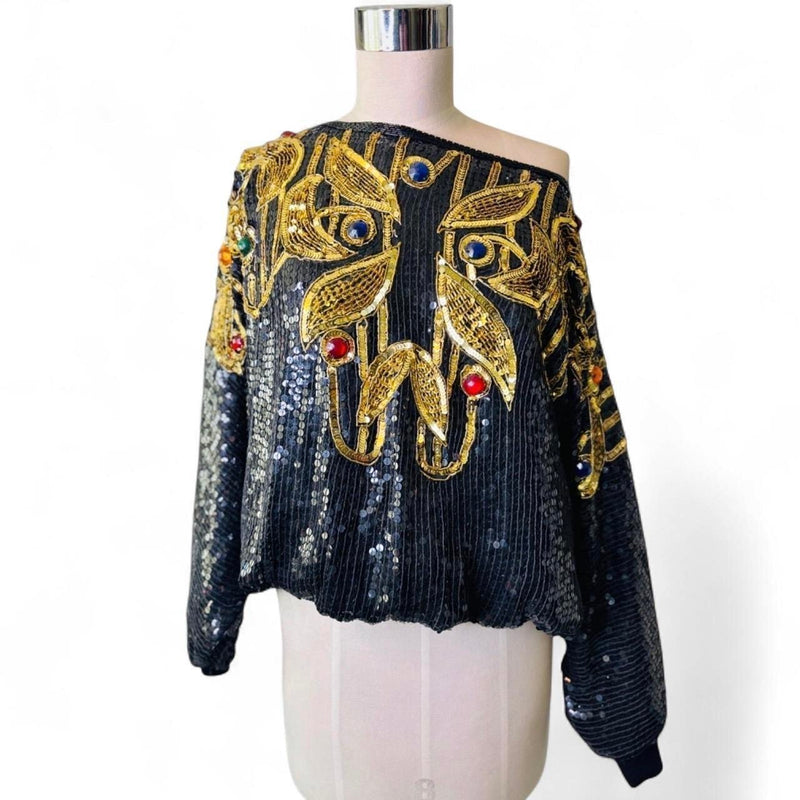 Vintage 1980s Creative Creations Beaded Rhinestone Sequin Disco Top