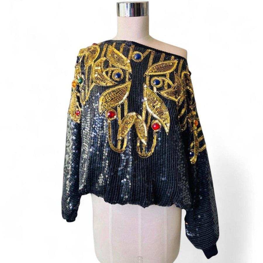 Vintage 1980s Creative Creations Beaded Rhinestone Sequin Disco Top
