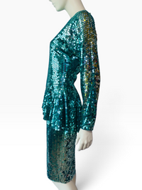 Vintage 1980s Emerald Sequin Peplum Dress