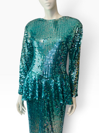 Vintage 1980s Emerald Sequin Peplum Dress