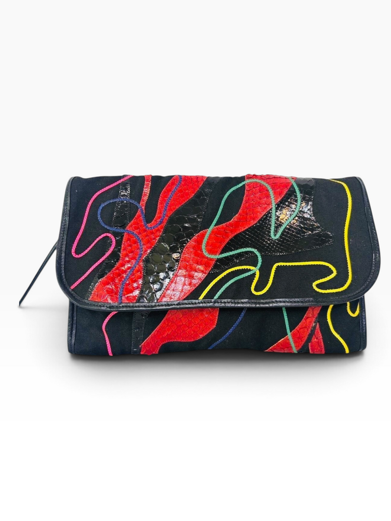 Vintage 1980s Carlos Falchi Electric Abstract Snakeskin Patchwork Bag