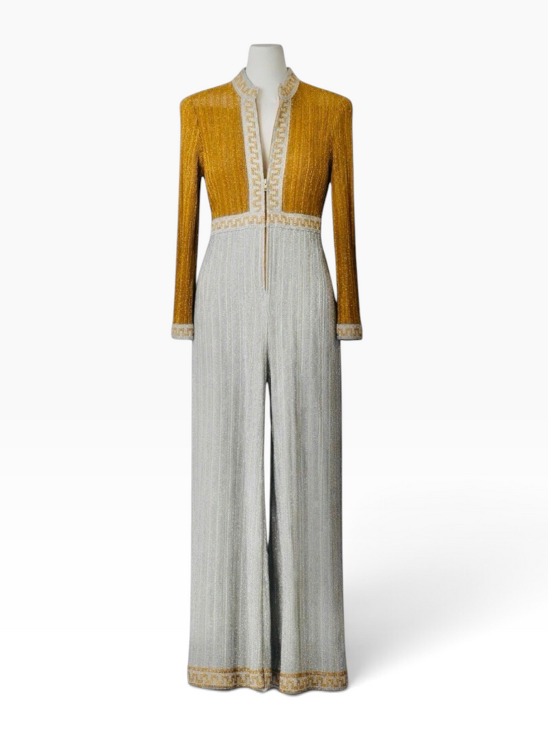 Late 1970s Mr. Mort by Stan Herman metallic Grecian-inspired palazzo jumpsuit