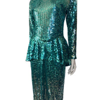 Vintage 1980s Emerald Sequin Peplum Dress