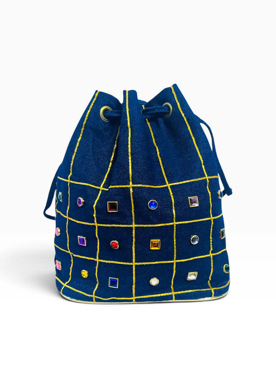 Baikal Vintage 1980s Denim and Rhinestone Statement Drawstring Bucket Bag
