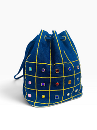 Baikal Vintage 1980s Denim and Rhinestone Statement Drawstring Bucket Bag