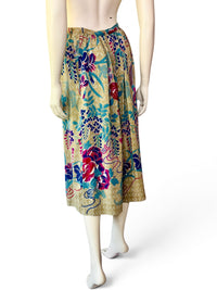 Vintage Ellen Tracy 100% Silk Midi Skirt | Exotic Bird & Peony Garden Print