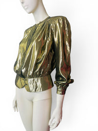 Vintage 80s Helene St. Marie Gold Lamé Blouse Metallic Disco Glam Statement Top