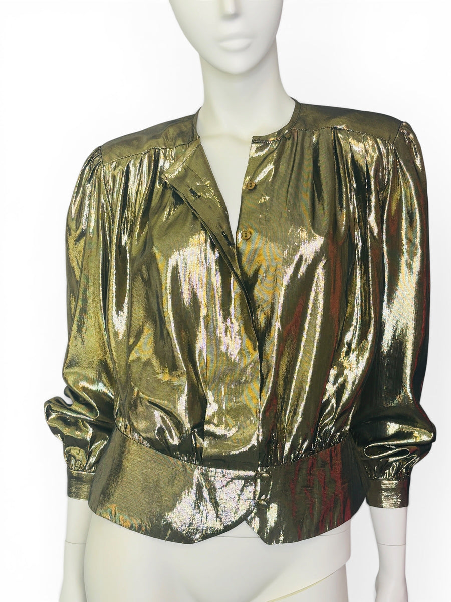 Vintage 80s Helene St. Marie Gold Lamé Blouse Metallic Disco Glam Statement Top