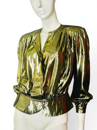Vintage 80s Helene St. Marie Gold Lamé Blouse Metallic Disco Glam Statement Top