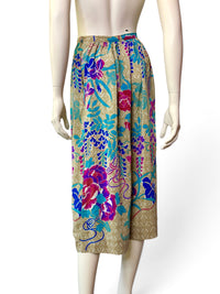 Vintage Ellen Tracy 100% Silk Midi Skirt | Exotic Bird & Peony Garden Print