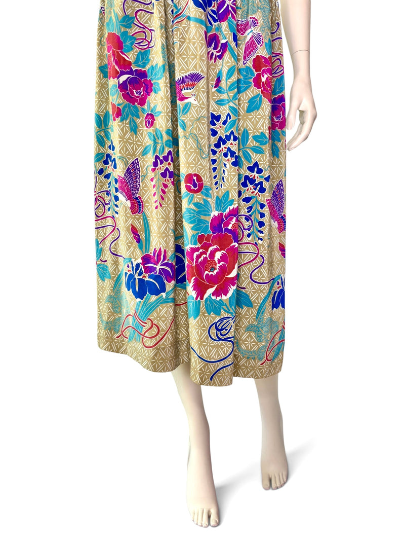 Vintage Ellen Tracy 100% Silk Midi Skirt | Exotic Bird & Peony Garden Print