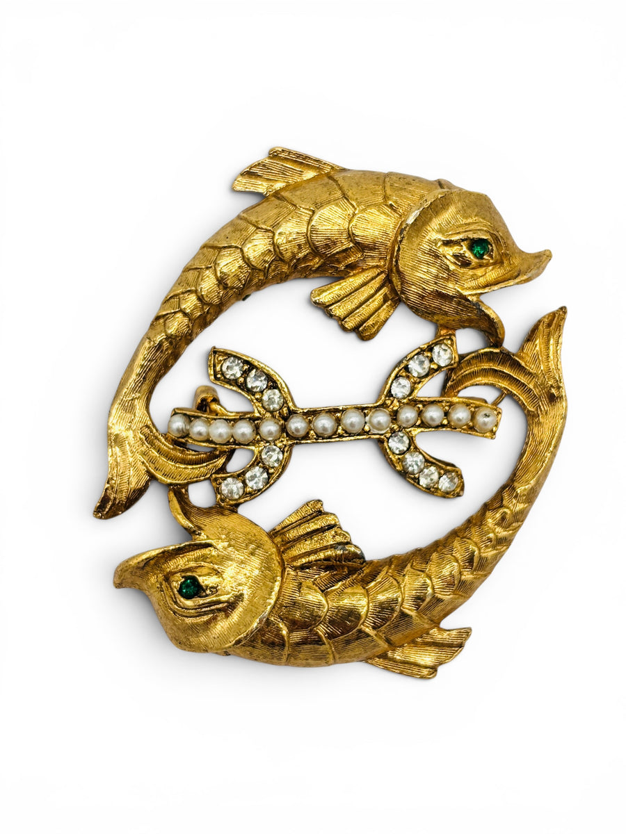 Vintage Gold Tone Mystical Sea Creature Fish Brooch Rhinestone & Faux Pearl Mid-Century Treasure