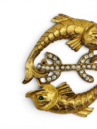 Vintage Gold Tone Mystical Sea Creature Fish Brooch Rhinestone & Faux Pearl Mid-Century Treasure