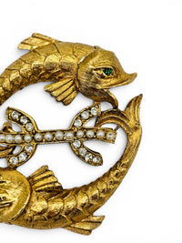 Vintage Gold Tone Mystical Sea Creature Fish Brooch Rhinestone & Faux Pearl Mid-Century Treasure