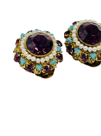 Vintage 1960s Baroque Revival Amethyst Rhinestone & Turquoise Cabochon Necklace & Earring Set