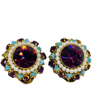 Vintage 1960s Baroque Revival Amethyst Rhinestone & Turquoise Cabochon Necklace & Earring Set