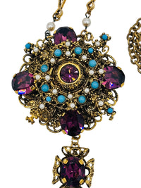 Vintage 1960s Baroque Revival Amethyst Rhinestone & Turquoise Cabochon Necklace & Earring Set