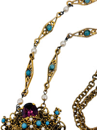 Vintage 1960s Baroque Revival Amethyst Rhinestone & Turquoise Cabochon Necklace & Earring Set