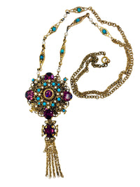 Vintage 1960s Baroque Revival Amethyst Rhinestone & Turquoise Cabochon Necklace & Earring Set