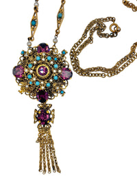 Vintage 1960s Baroque Revival Amethyst Rhinestone & Turquoise Cabochon Necklace & Earring Set