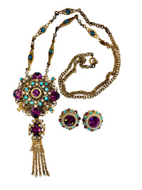 Vintage 1960s Baroque Revival Amethyst Rhinestone & Turquoise Cabochon Necklace & Earring Set