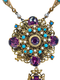 Vintage 1960s Baroque Revival Amethyst Rhinestone & Turquoise Cabochon Necklace & Earring Set